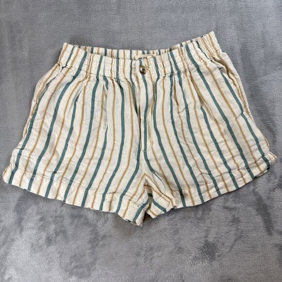 Madewell Women's Size XS Linen White Green Yellow Striped Paper Bag Shorts - Picture 1 of 6